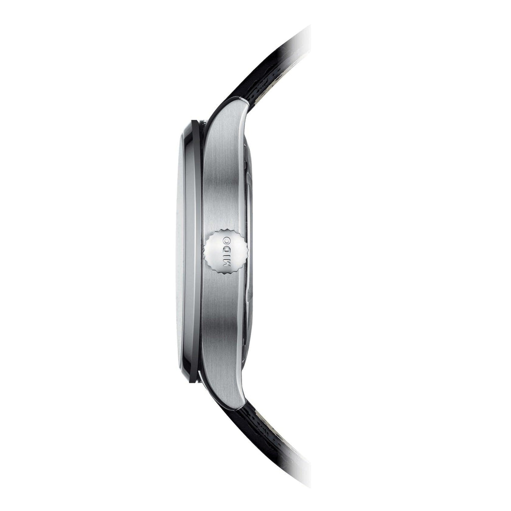 Orologio automatico da 42mm in acciaio argento, vista laterale con corona