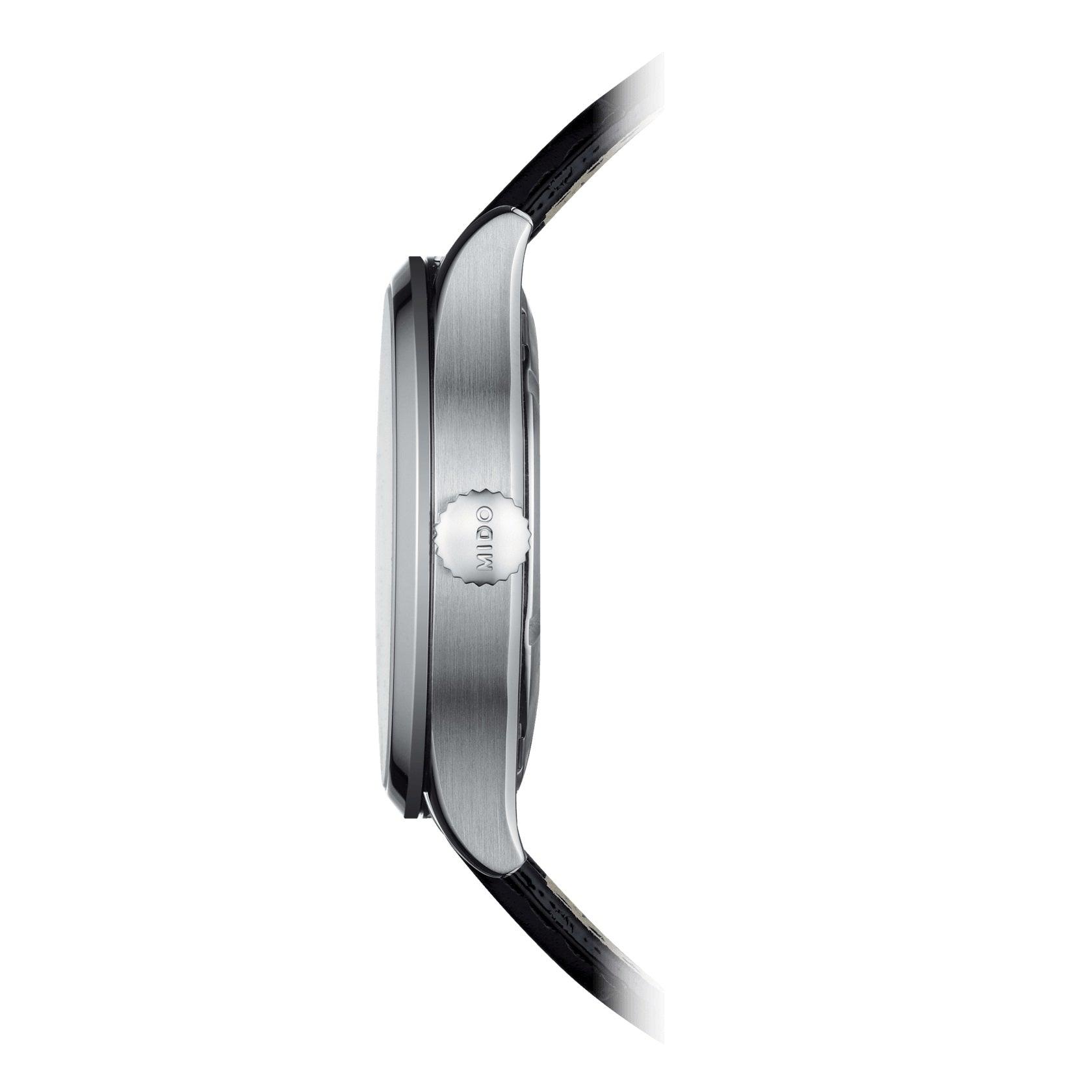 Orologio automatico da 42mm in acciaio argento, vista laterale con corona