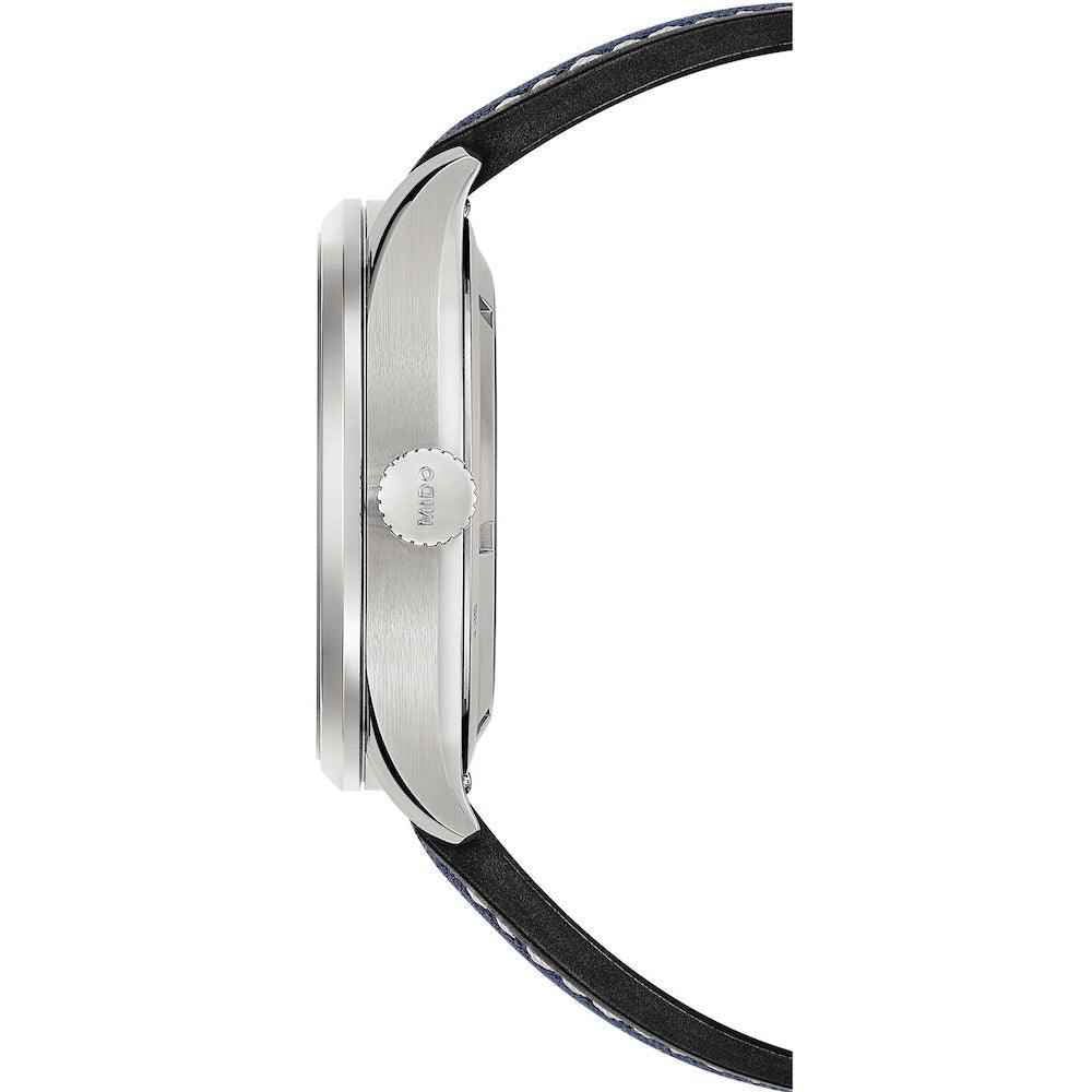 Orologio automatico Mido 42mm, cassa in acciaio lucida e corona laterale, cinturino blu