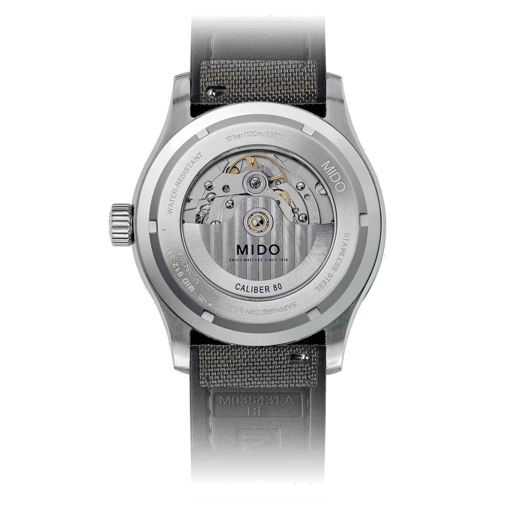 Fondello a vista orologio automatico Mido Multifort con cassa acciaio e cinturino grigio