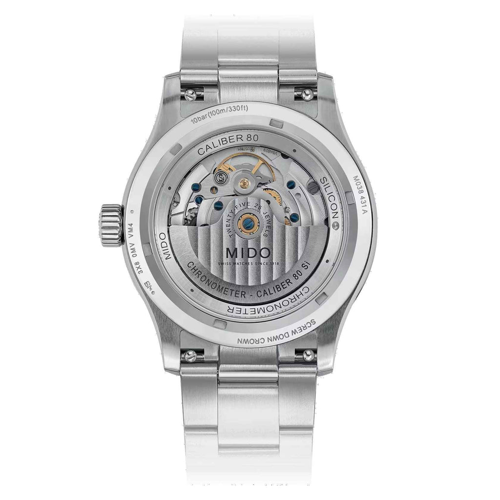 Fondello orologio Mido con movimento a vista e bracciale in acciaio