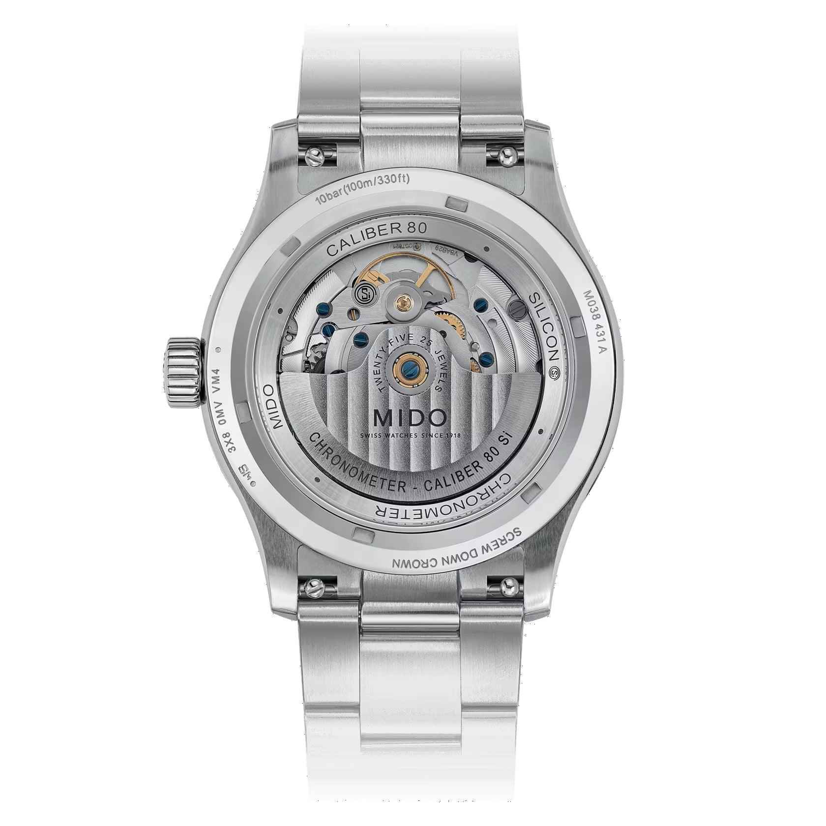 Fondello orologio Mido con movimento a vista e bracciale in acciaio