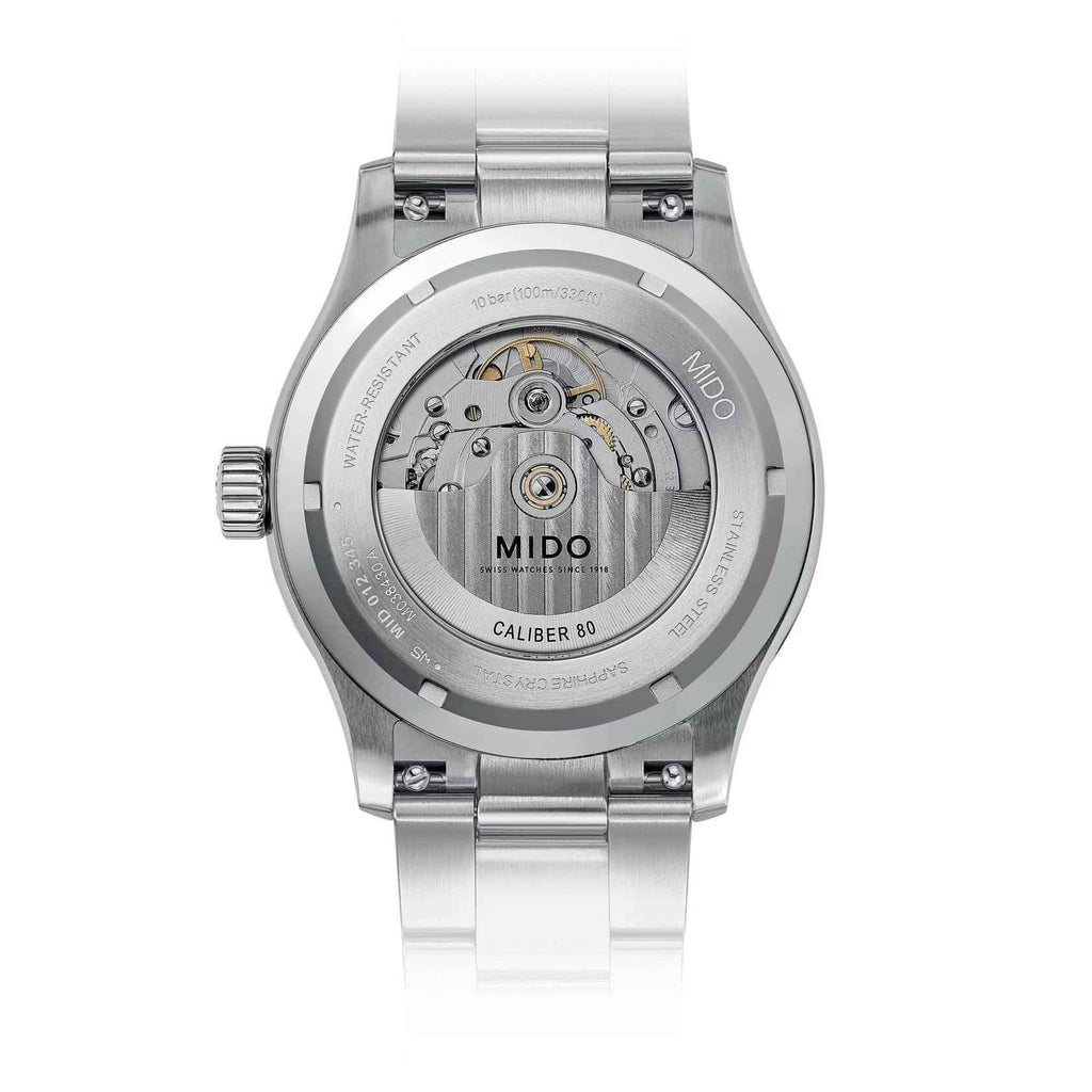 Fondello Orologio Mido Multifort in acciaio con movimento Caliber 80 visibile