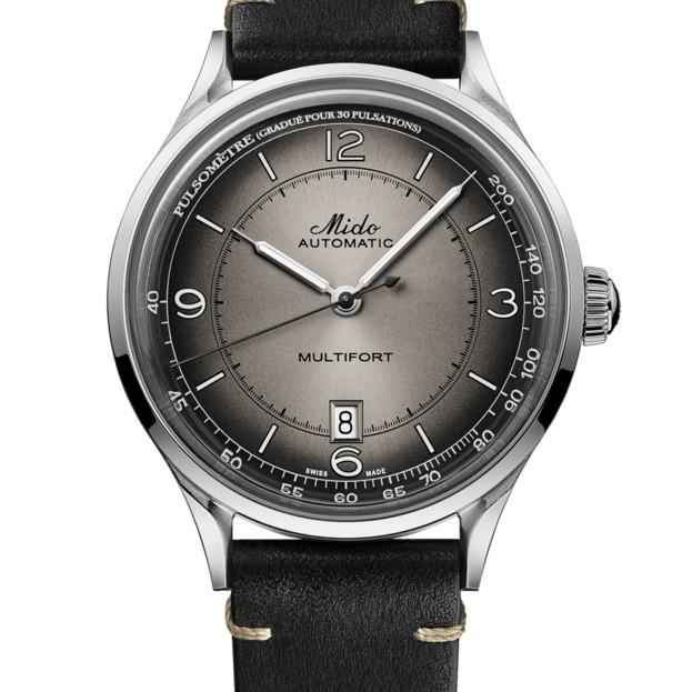 Orologio automatico Mido Multifort con quadrante scuro, numeri arabi e datario