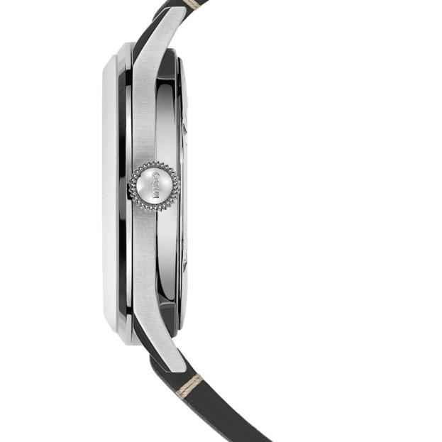 Orologio Mido Multifort di lato con corona e cinturino in pelle nera