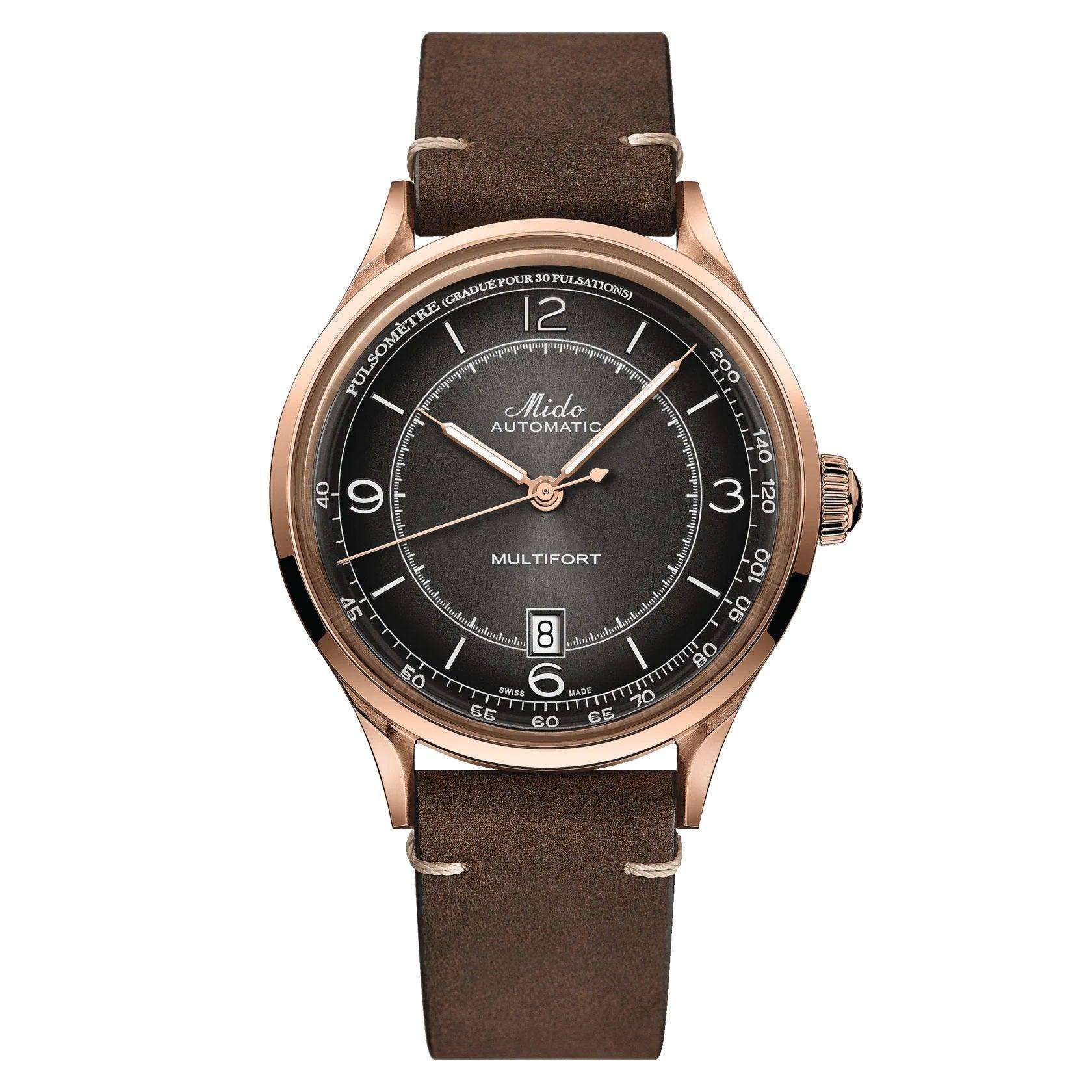 Orologio automatico con quadrante nero, cassa rosé e cinturino in pelle marrone.