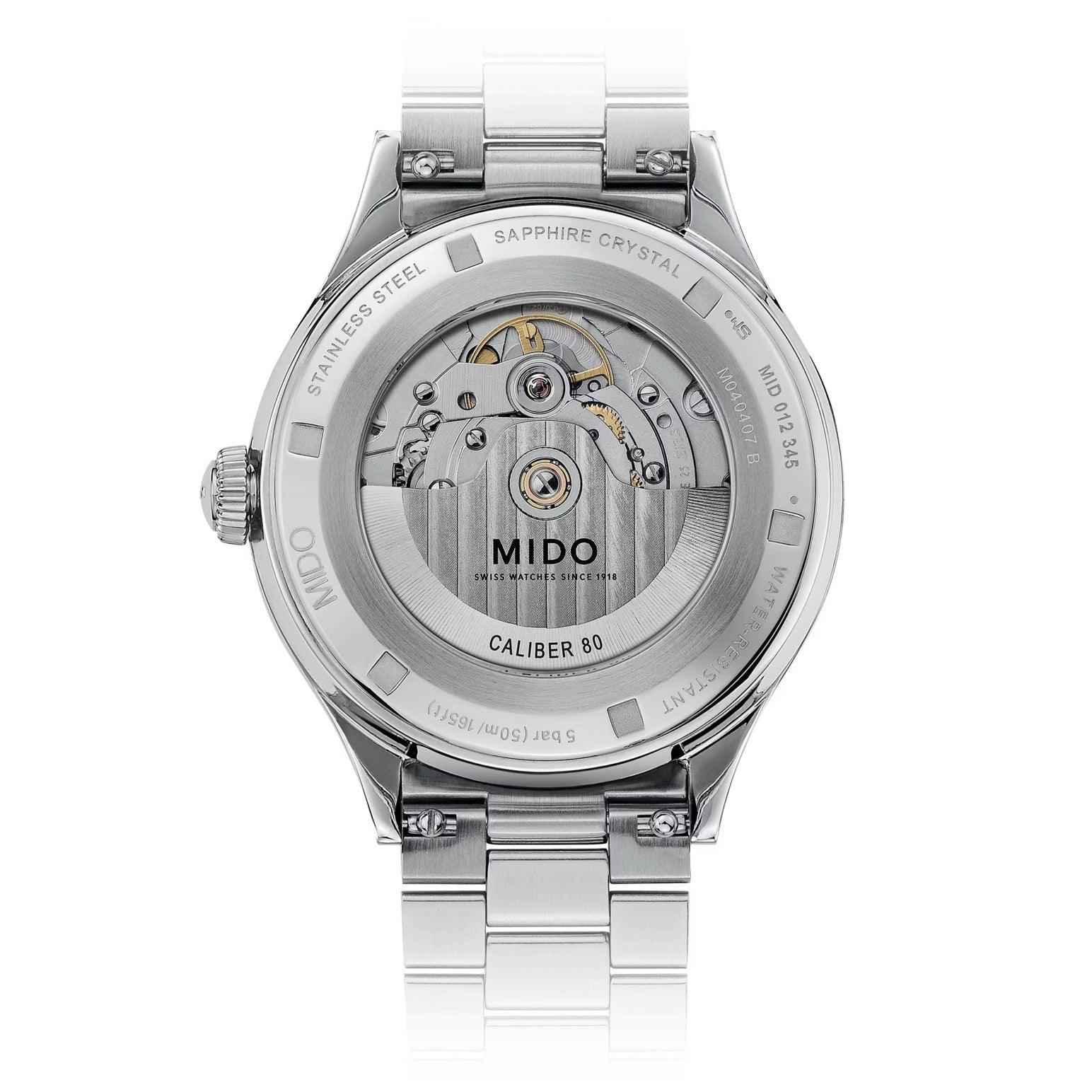 Orologio Mido Multifort, fondello a vista movimento, cassa e bracciale in acciaio