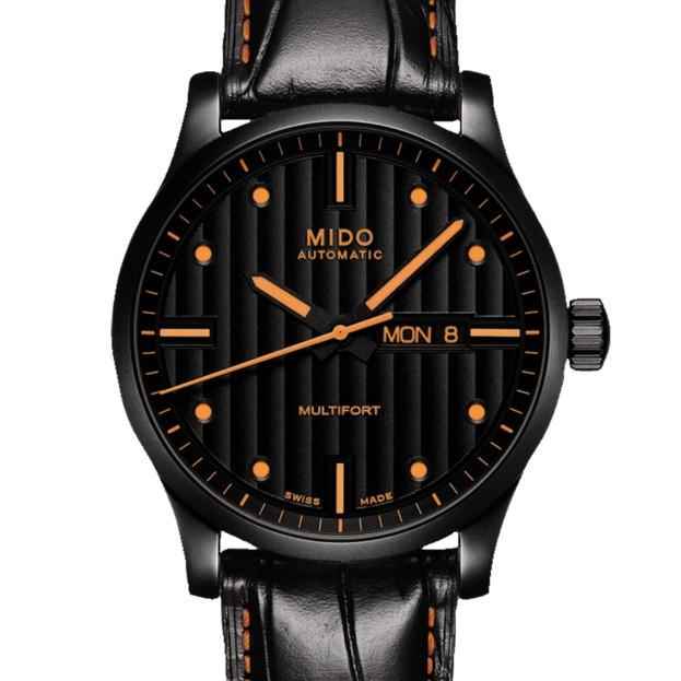 Orologio MIDO Multifort automatico con quadrante nero e indici arancioni, cinturino in pelle