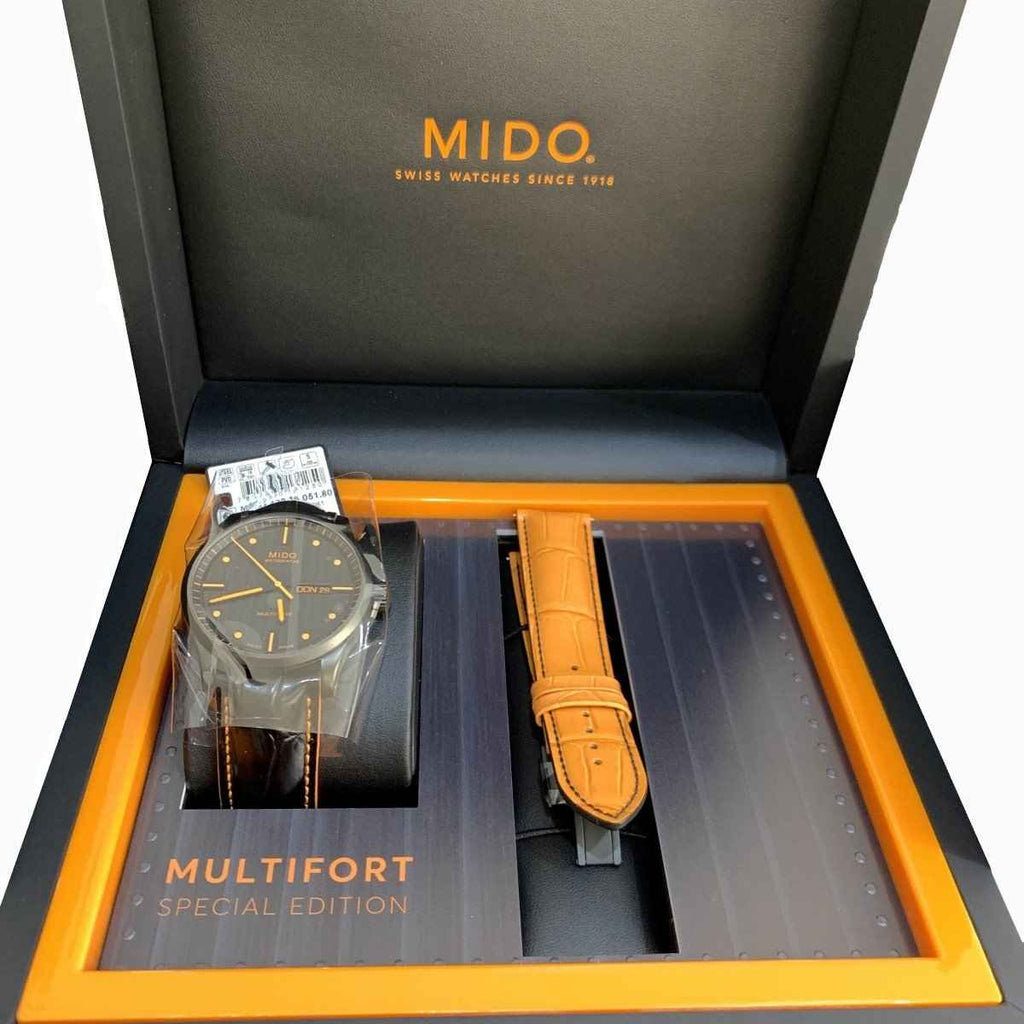 Orologio MIDO Multifort Special Edition nella confezione arancione con cinturino in pelle