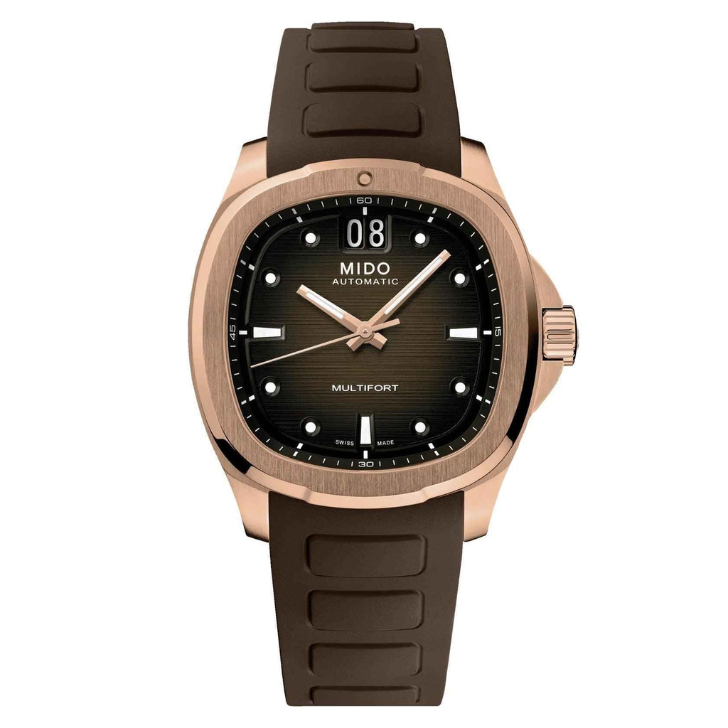 Orologio automatico Mido Multifort con quadrante nero e cinturino marrone, cassa PVD oro rosa