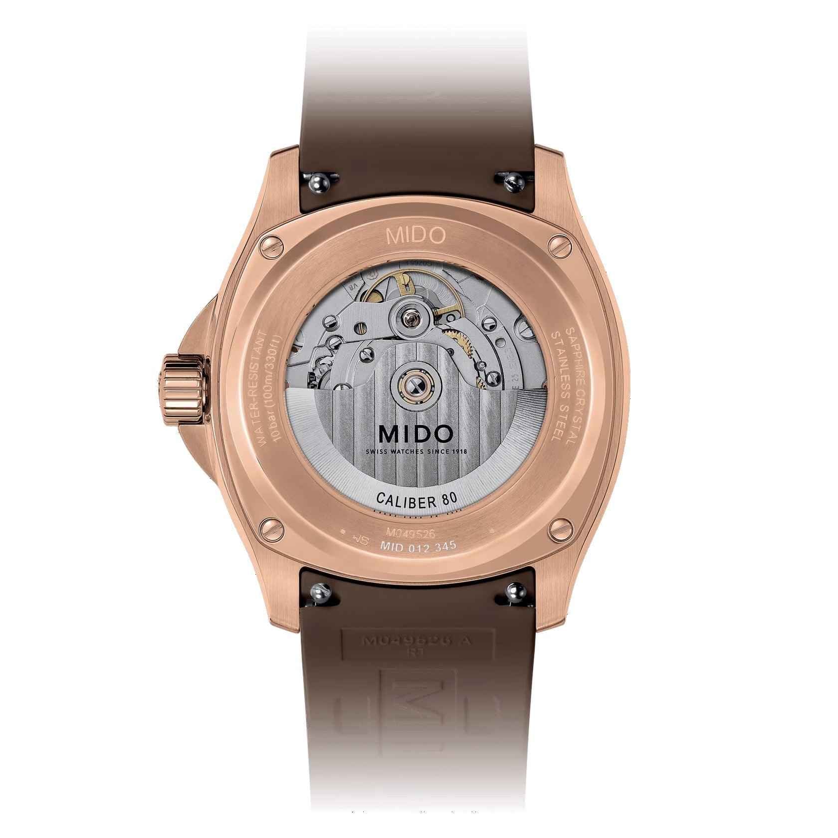 Orologio automatico Mido Multifort con fondello a vista e cassa PVD oro rosa, cinturino marrone
