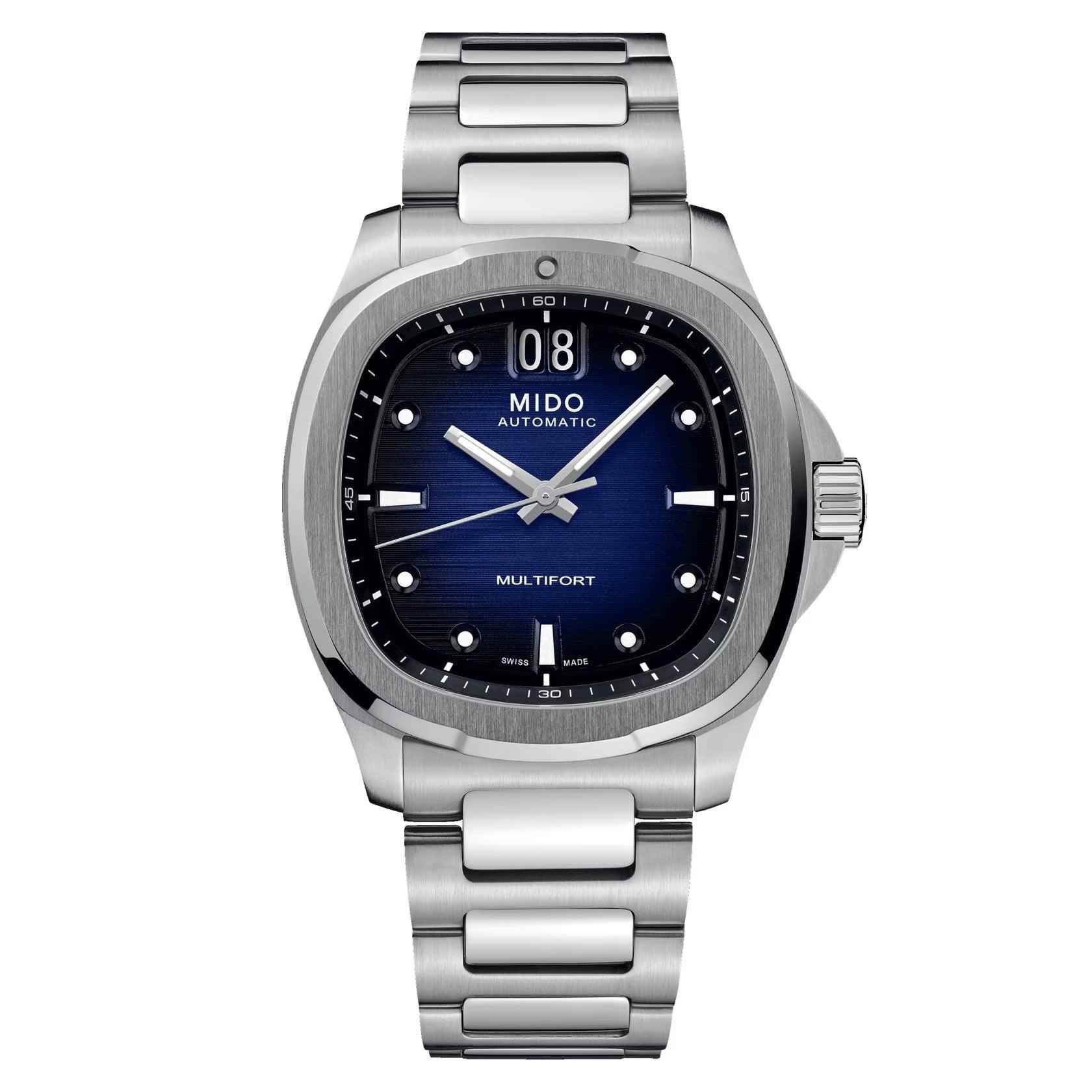 Orologio Mido Multifort con quadrante blu, bracciale in acciaio e finestra data