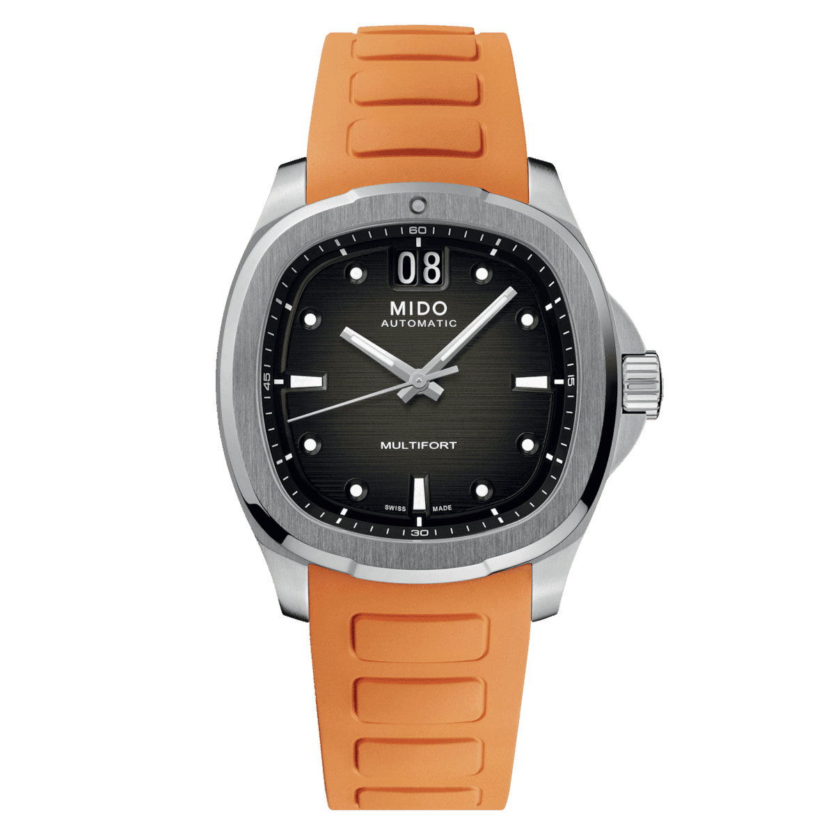 Orologio automatico Mido Multifort con cassa in acciaio, quadrante nero e cinturino arancione