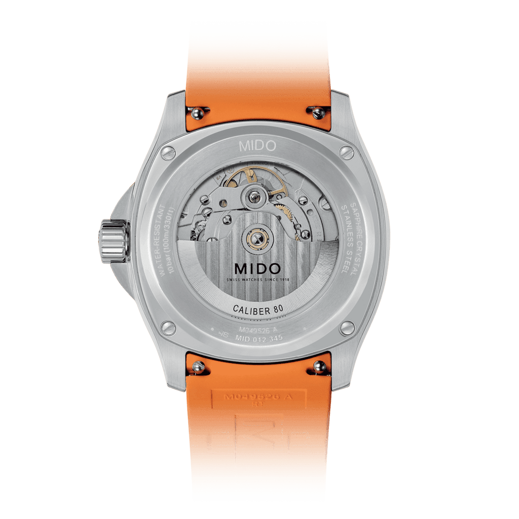 Orologio automatico Mido con fondello a vista, movimento e cassa in acciaio, cinturino arancione