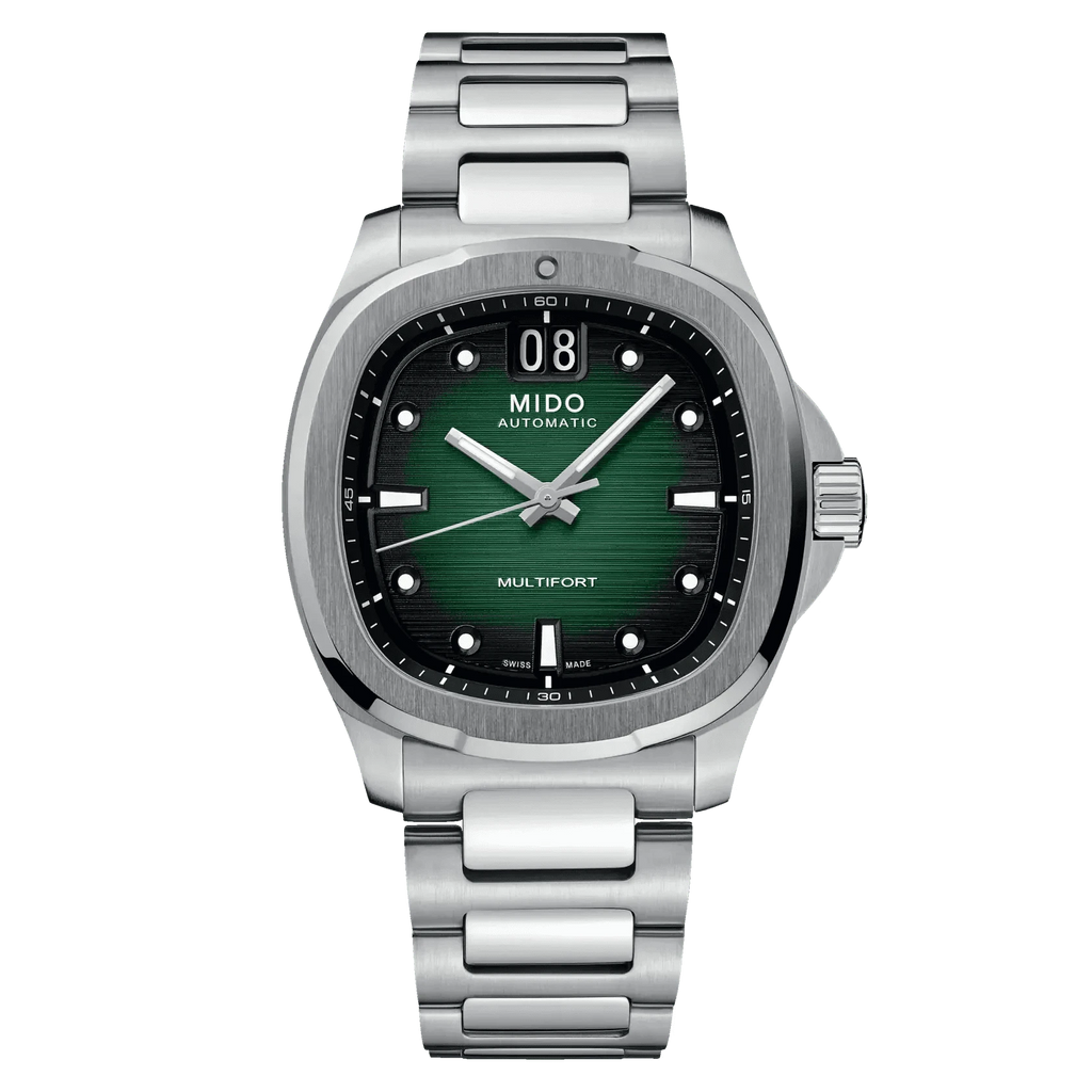 Orologio automatico Mido Multifort in acciaio, quadrante verde, data e cassa 40 mm