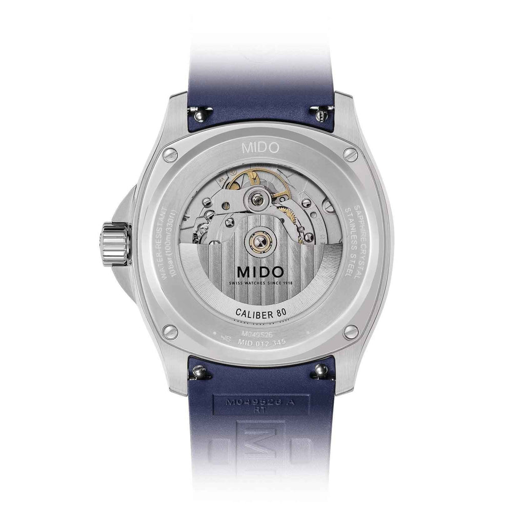 Orologio Mido Multifort con fondello a vista e cinturino blu, cassa d’acciaio