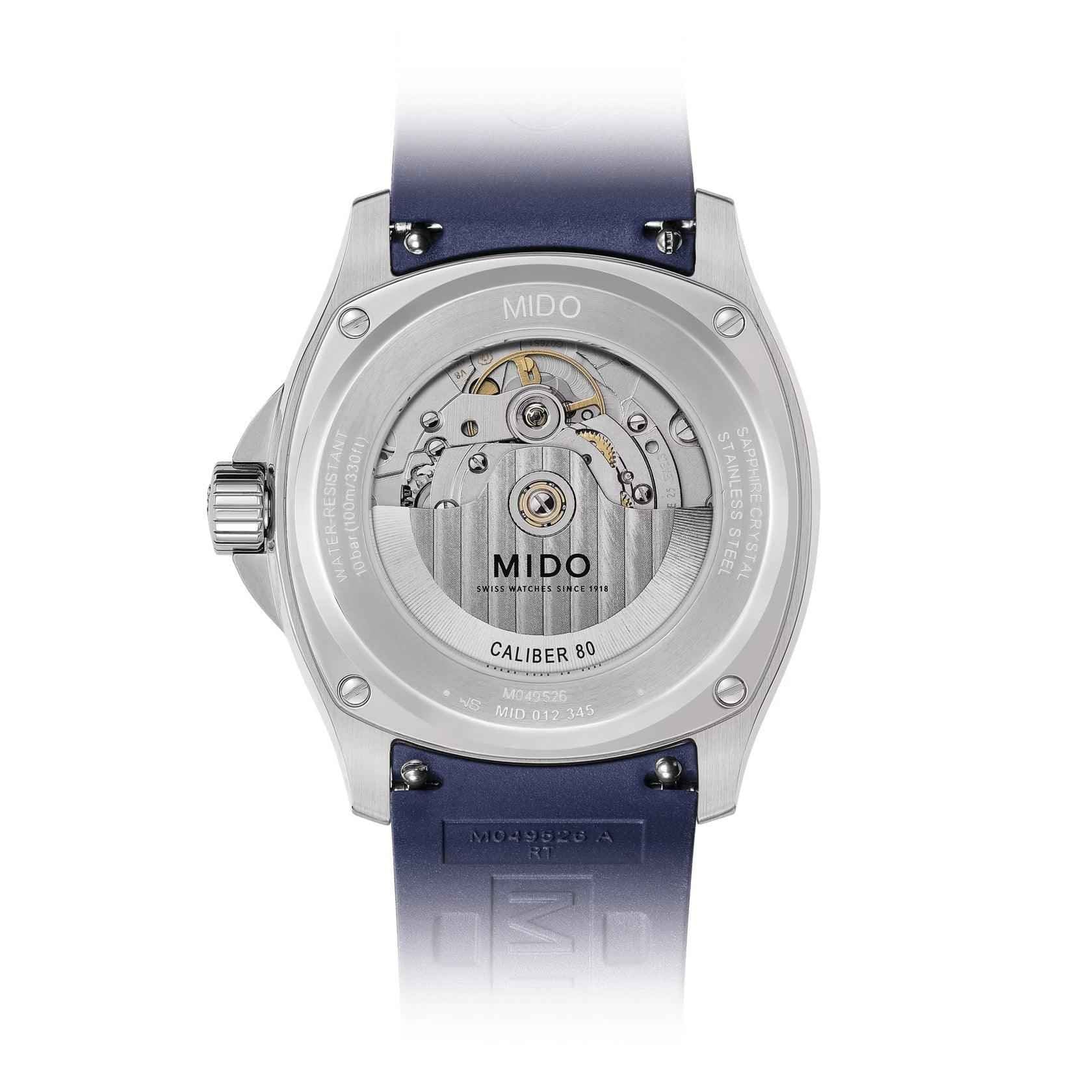Orologio Mido Multifort con fondello a vista e cinturino blu, cassa d’acciaio