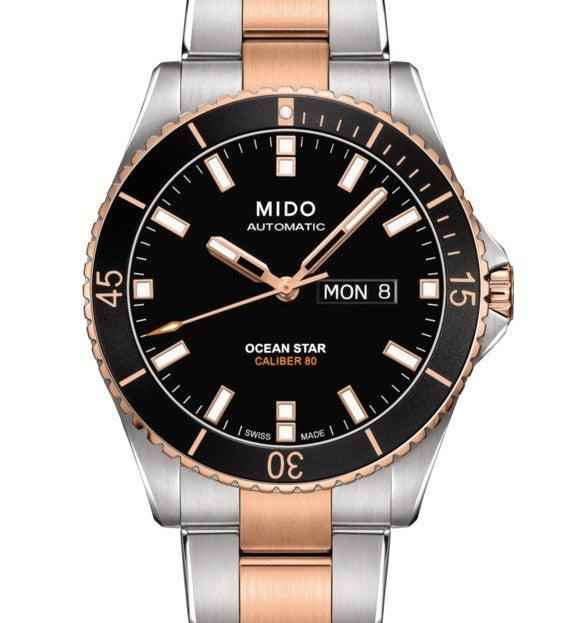 Orologio subacqueo Mido, quadrante nero, bracciale acciaio bicolore, vetro zaffiro