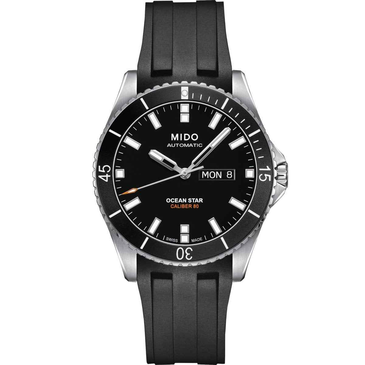Orologio subacqueo automatico con quadrante nero, cinturino in caucciù nero e cassa d’acciaio