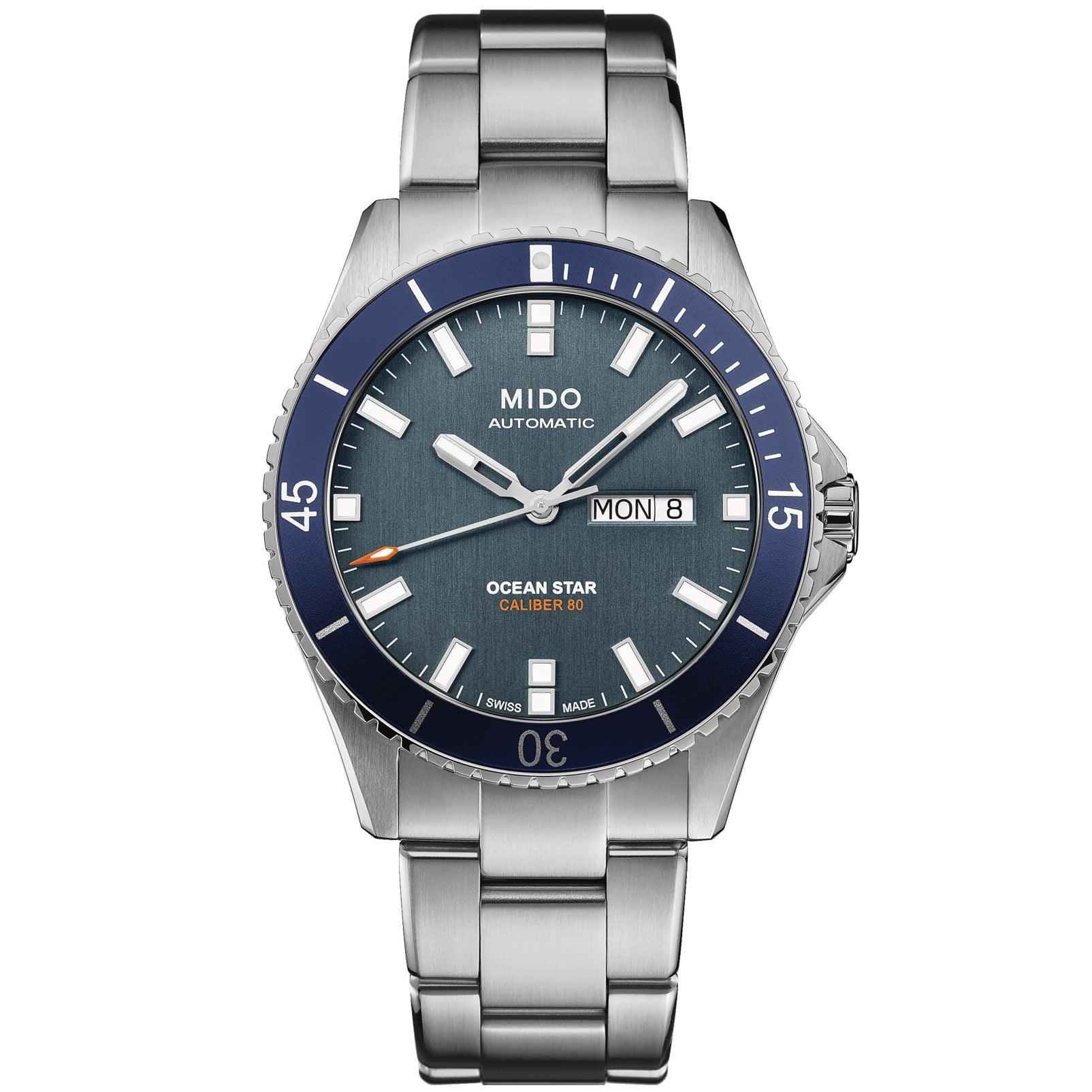 Orologio automatico Mido Ocean Star con cinturino in acciaio, quadrante blu e MON 8