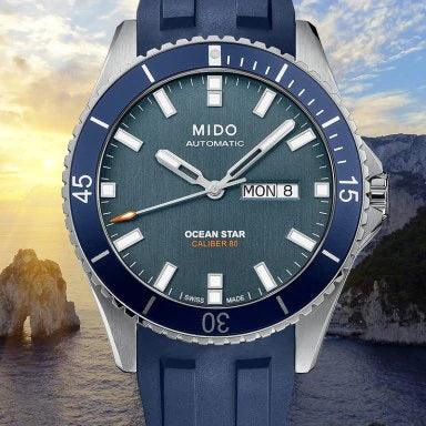 Orologio Mido Ocean Star con quadrante blu, cinturino in gomma e MON 8