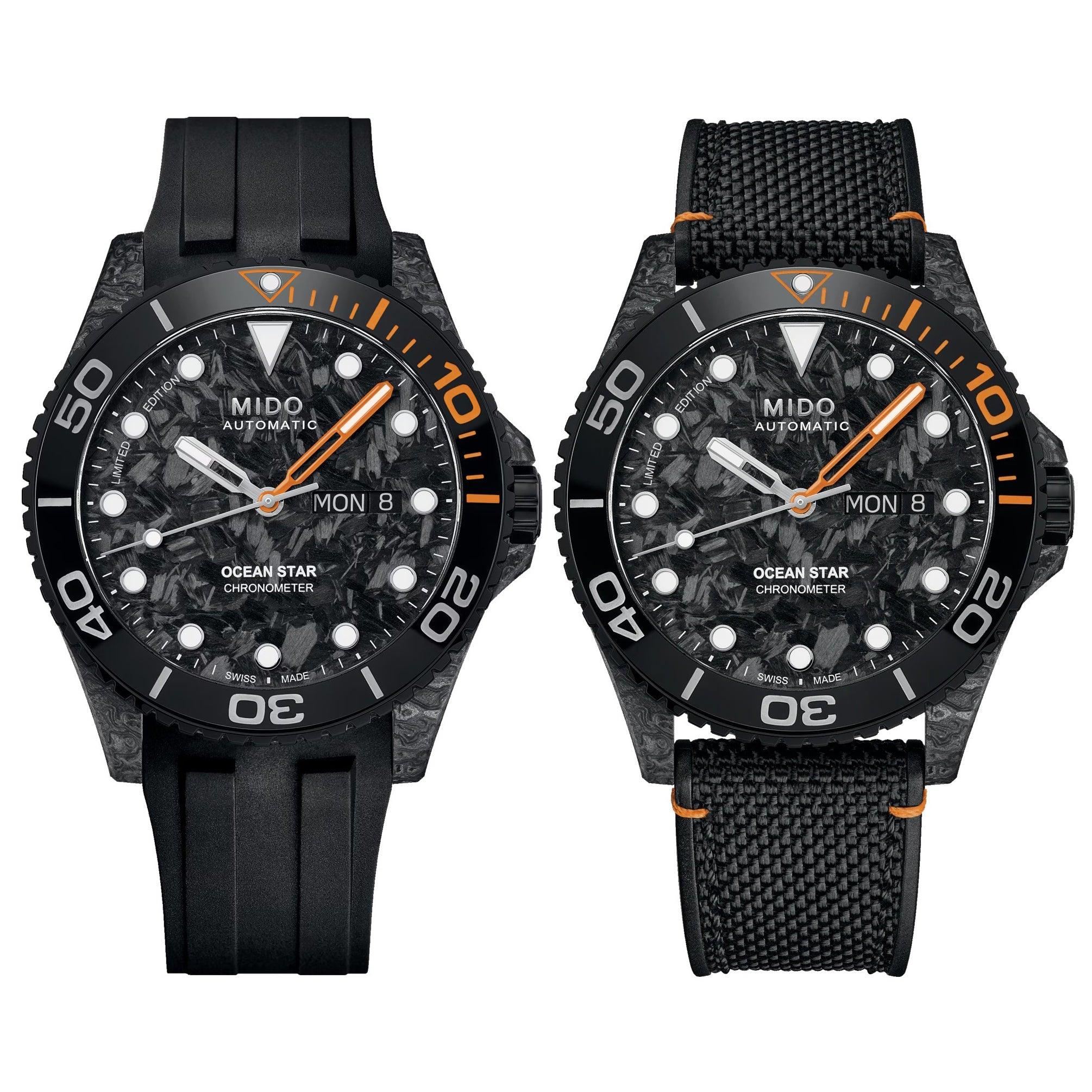 Orologio nero con lunetta e indici arancioni, quadrante carbonio, cinturino in tessuto nero