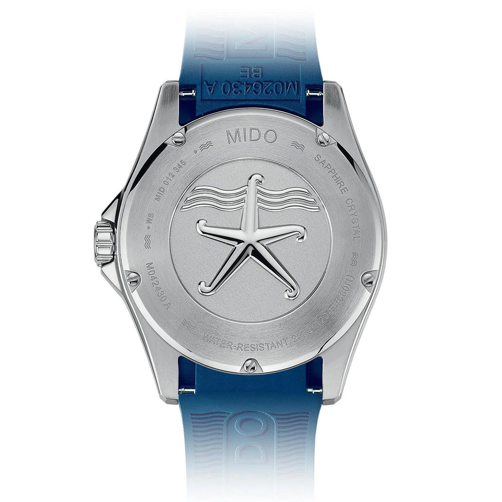 Orologio automatico 42 mm con fondello inciso a stella e cinturino blu in gomma