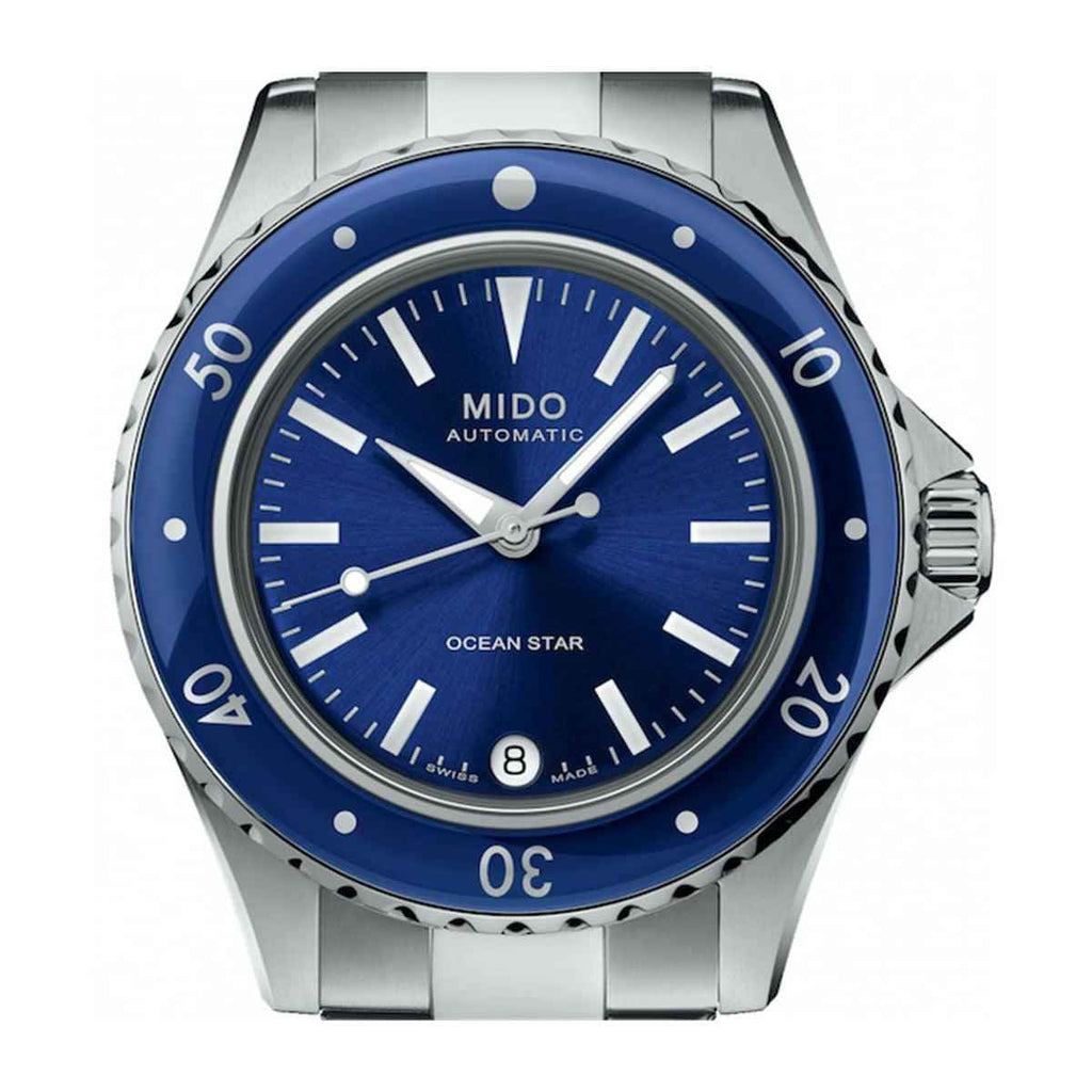 Orologio automatico Ocean Star in acciaio con quadrante blu e indici a bastoni