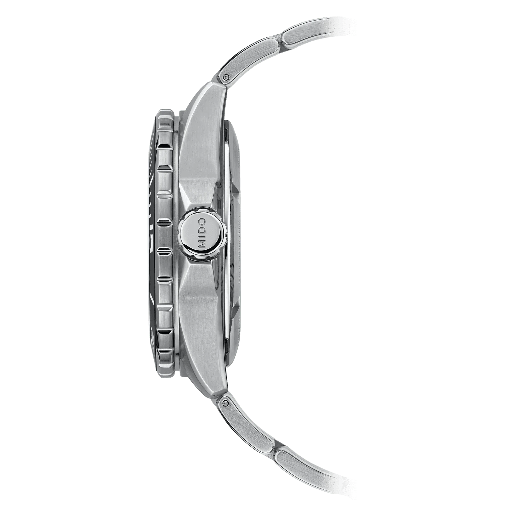 Orologio Mido Ocean Star 600 con cassa d’acciaio e corona laterale, vista di lato