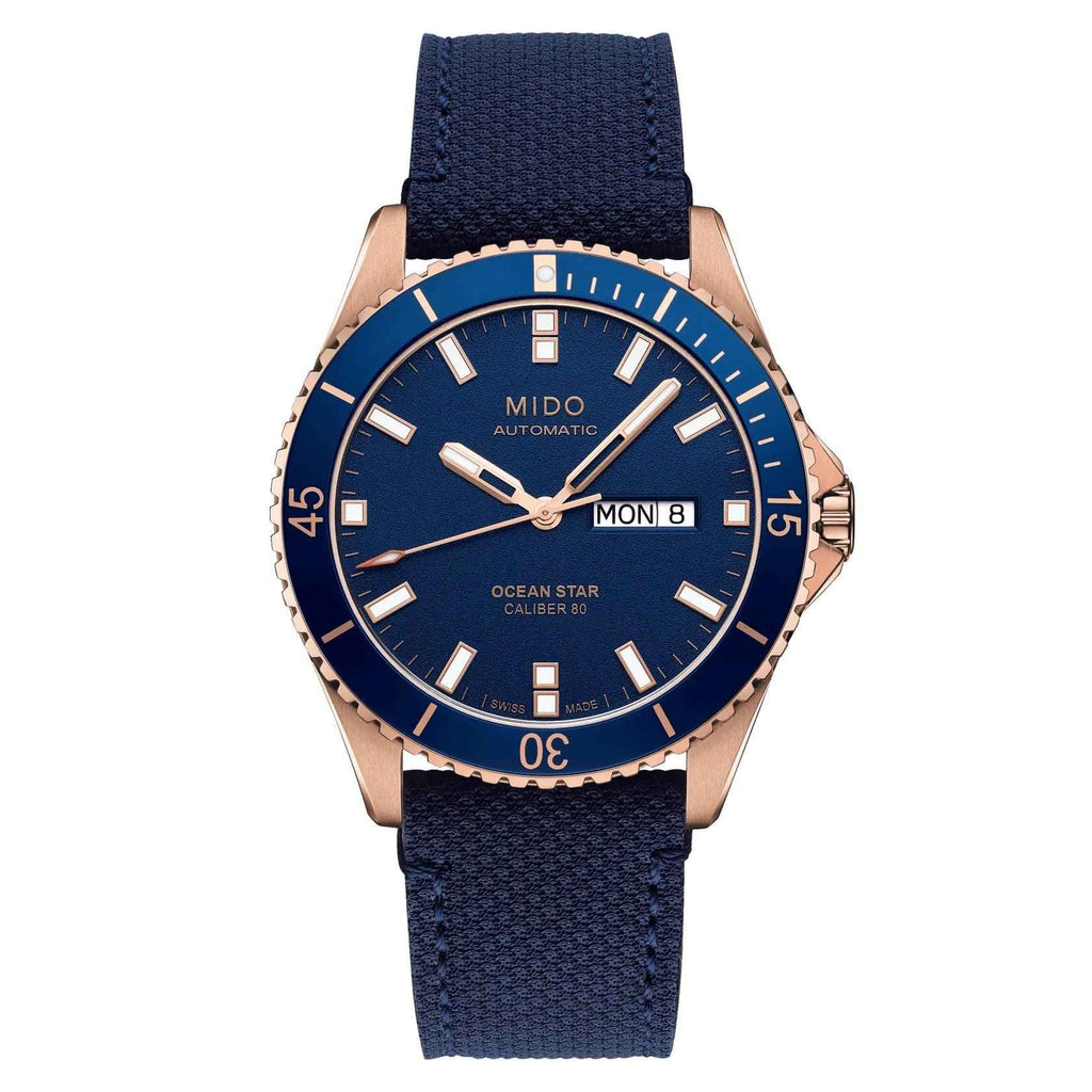 Orologio Mido Ocean Star con quadrante blu e cinturino in tessuto blu, cassa PVD rosé