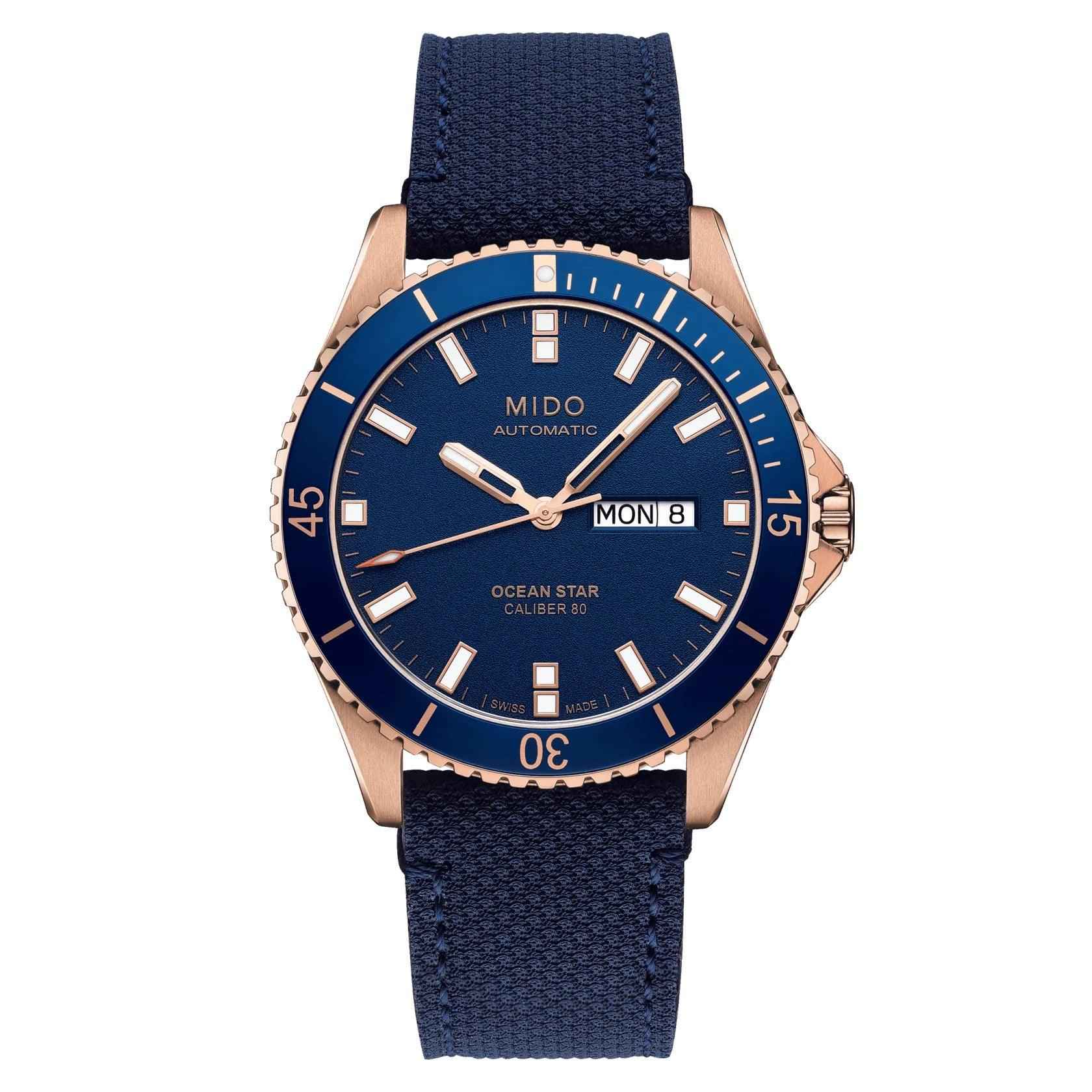 Orologio Mido Ocean Star con quadrante blu e cinturino in tessuto blu, cassa PVD rosé
