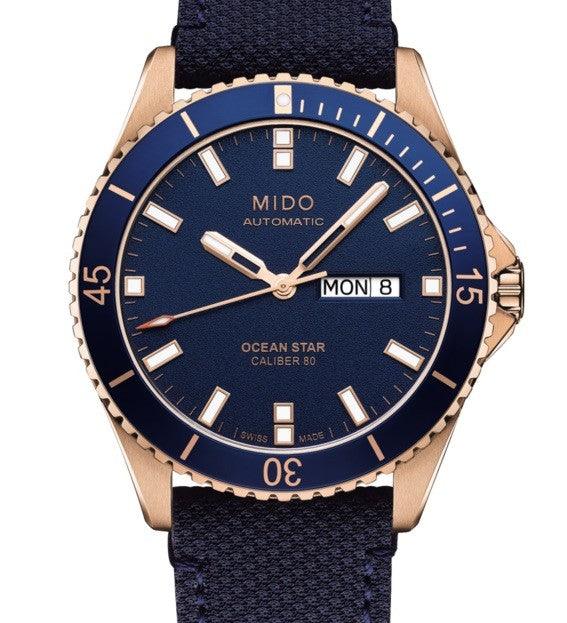 Orologio Mido Ocean Star Caliber 80 quadrante blu con indici rettangolari e cinturino in tessuto