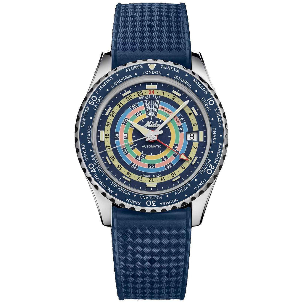 Orologio subacqueo blu con quadrante multicolore e bracciale in tessuto