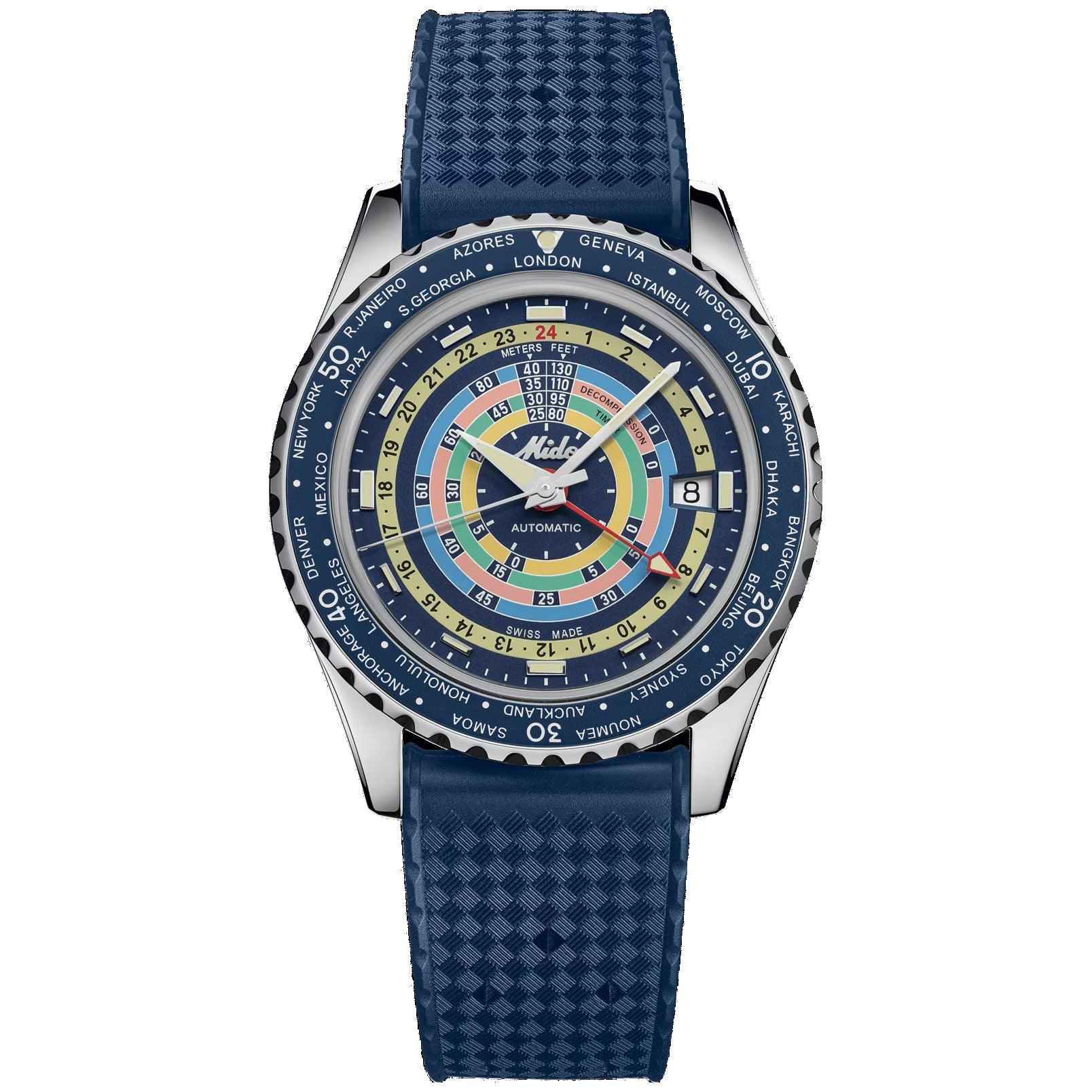 Orologio subacqueo blu con quadrante multicolore e bracciale in tessuto