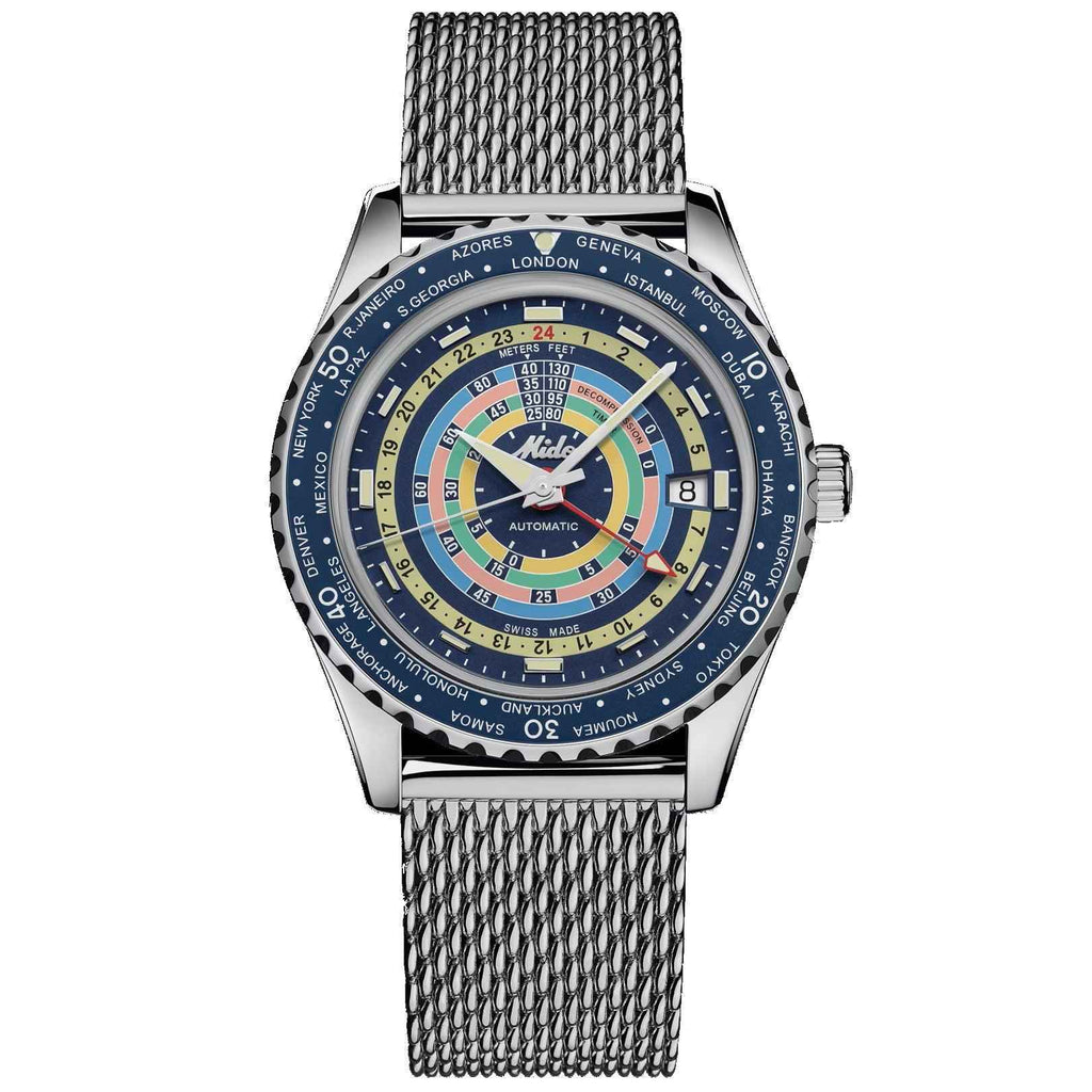 Orologio blu con quadrante multicolore e bracciale maglia metallica
