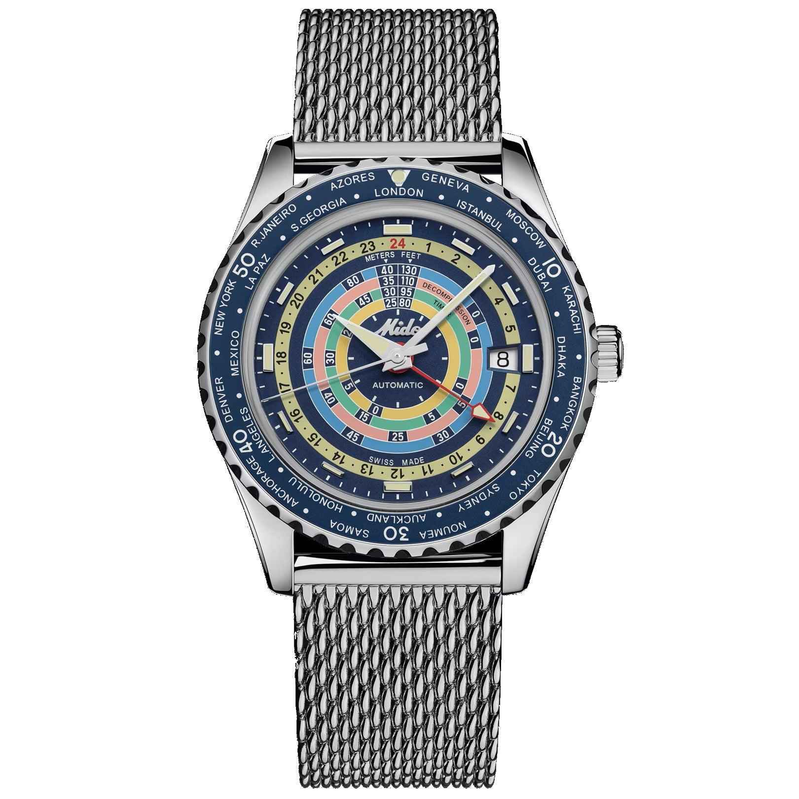 Orologio blu con quadrante multicolore e bracciale maglia metallica