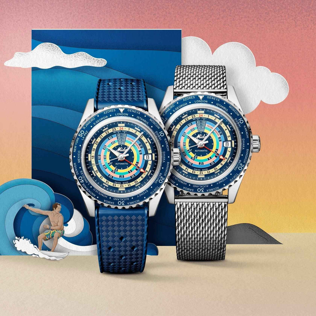 Coppia di orologi blu: uno con bracciale tessuto e uno con maglia metallica