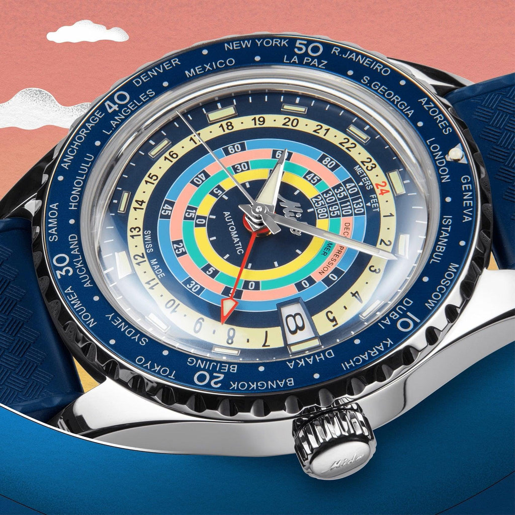 Orologio Mido Ocean Star 40 mm con quadrante worldtimer blu e ghiera in acciaio