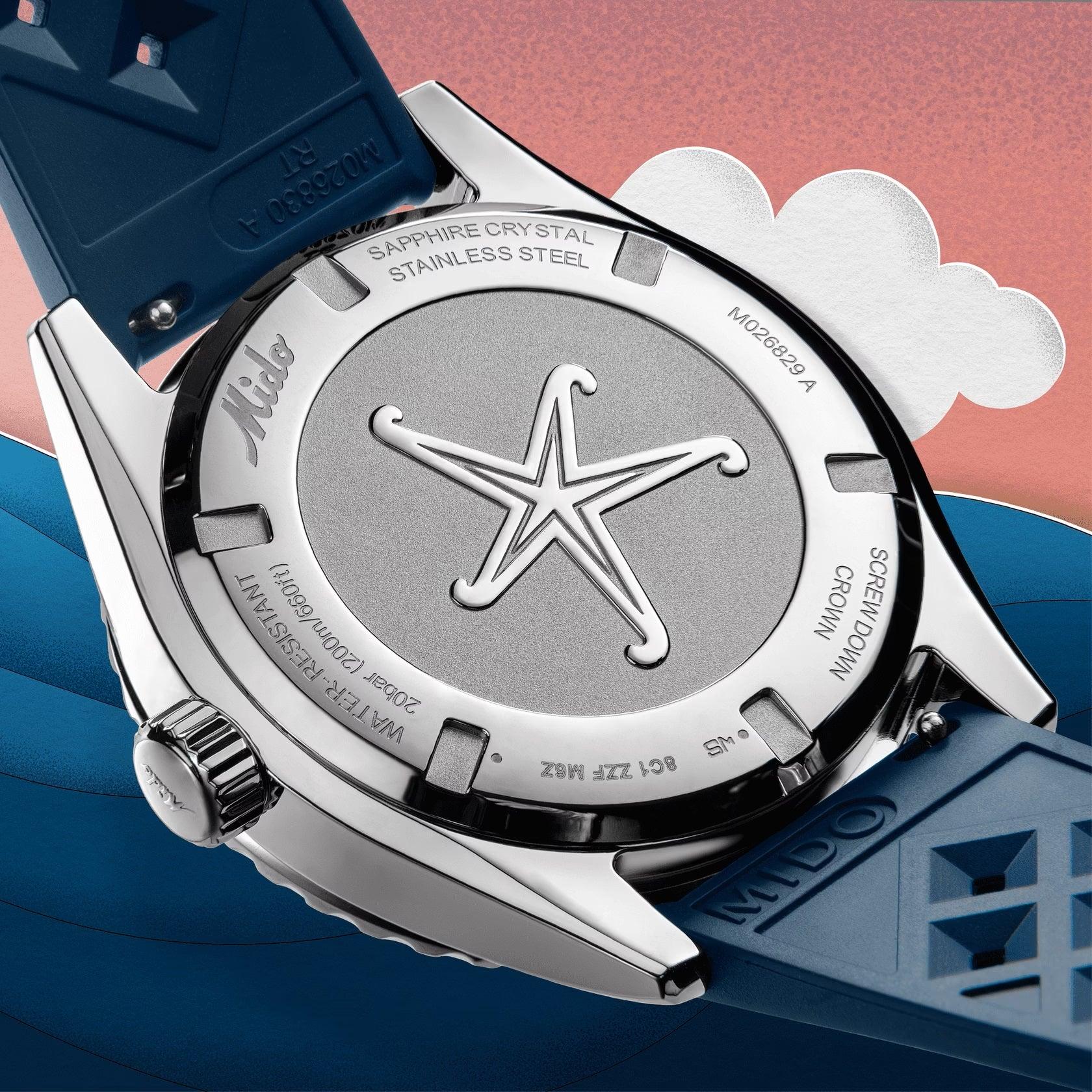 Fondello dell’orologio Mido Ocean Star con stella e cinturino blu