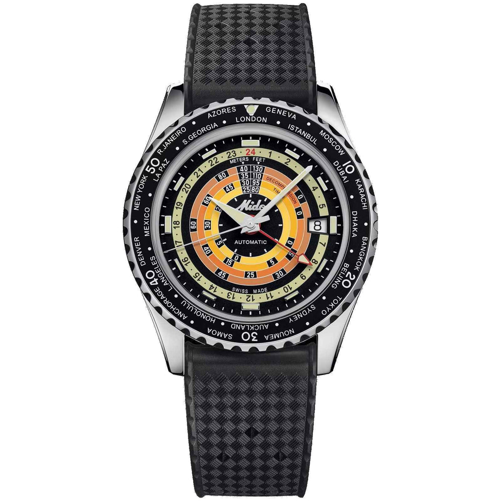 Orologio sub nero con bracciale in tessuto e cassa d’acciaio, quadrante arancione