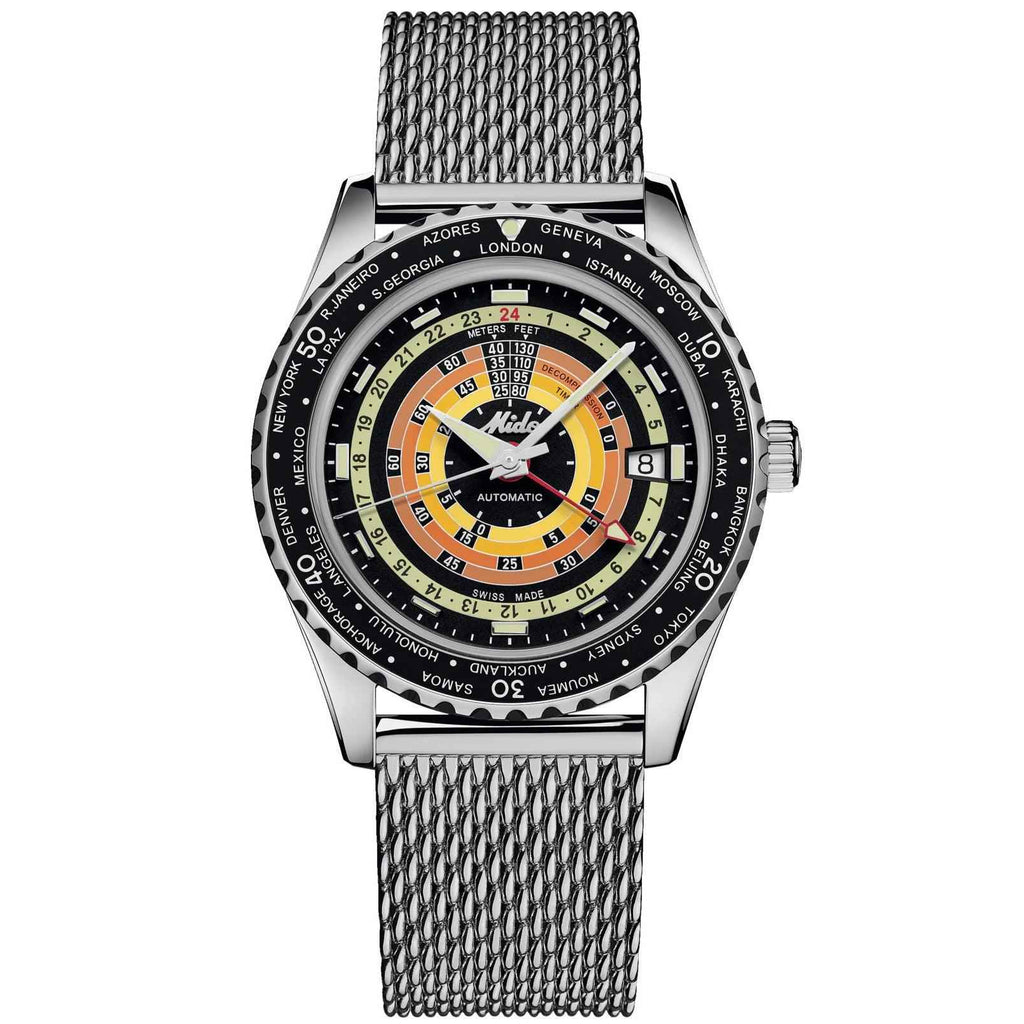 Orologio sub nero con bracciale maglia d’acciaio e cassa d’acciaio, quadrante arancione