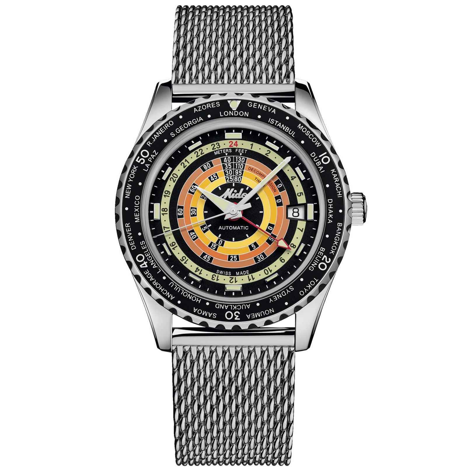 Orologio sub nero con bracciale maglia d’acciaio e cassa d’acciaio, quadrante arancione