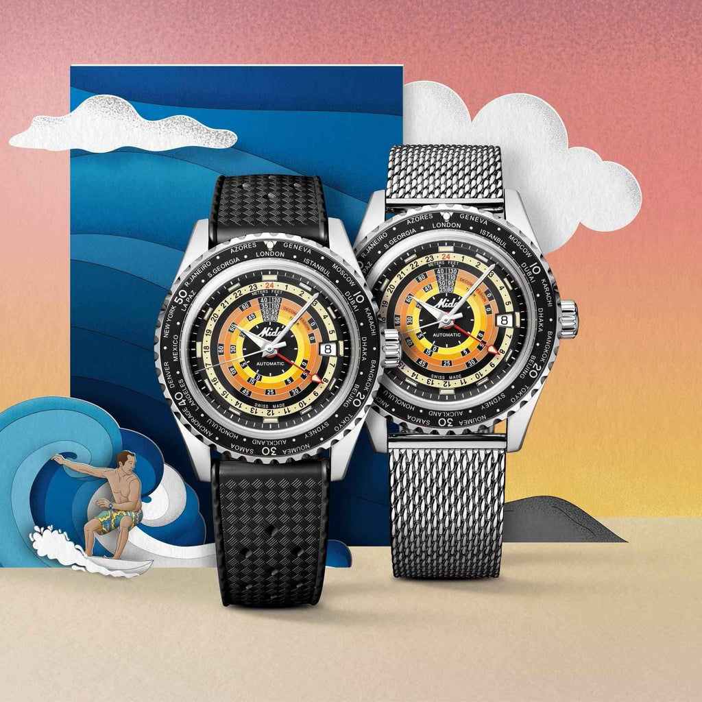 Coppia di orologi sub: cinturino nero e bracciale d’acciaio, quadranti con dettagli arancioni