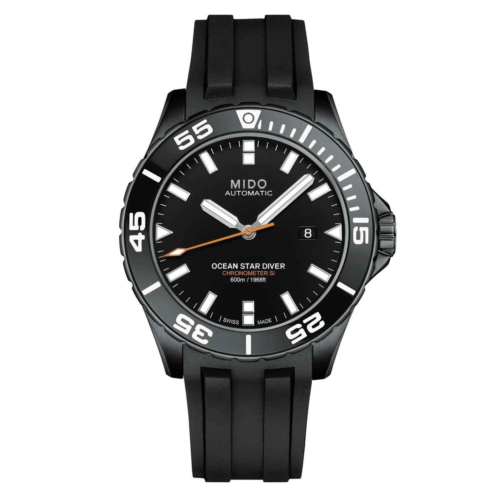 Orologio subacqueo Mido con cinturino in silicone nero e quadrante nero, datario