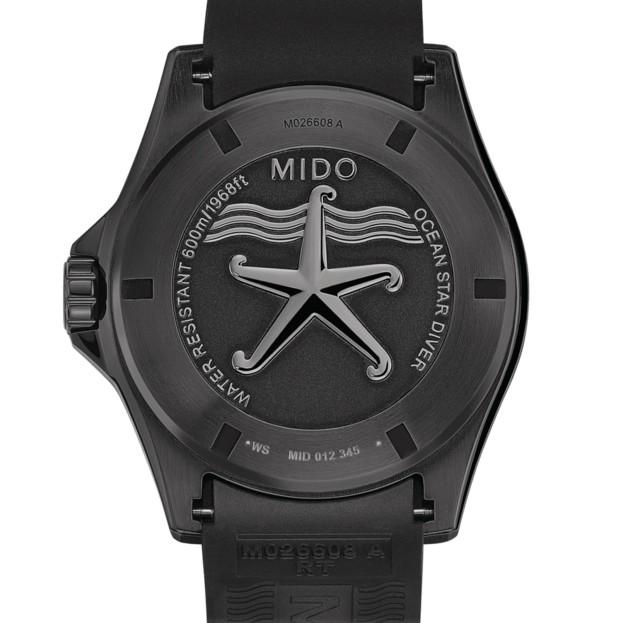 Orologio Mido con fondello nero, motivo a stella e scritte Ocean Star Diver