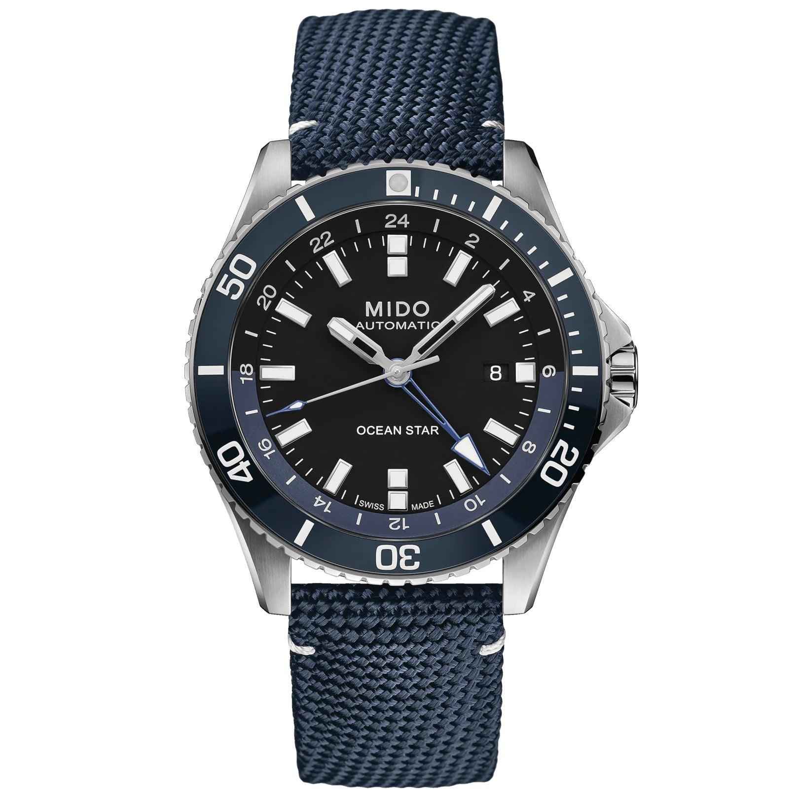 Orologio Mido GMT 44mm: quadrante blu, ghiera ceramica e cinturino tessile
