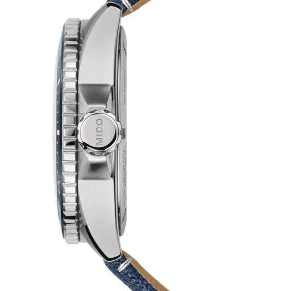 Orologio Mido Ocean Star GMT 44mm vista laterale con lunetta ceramica blu
