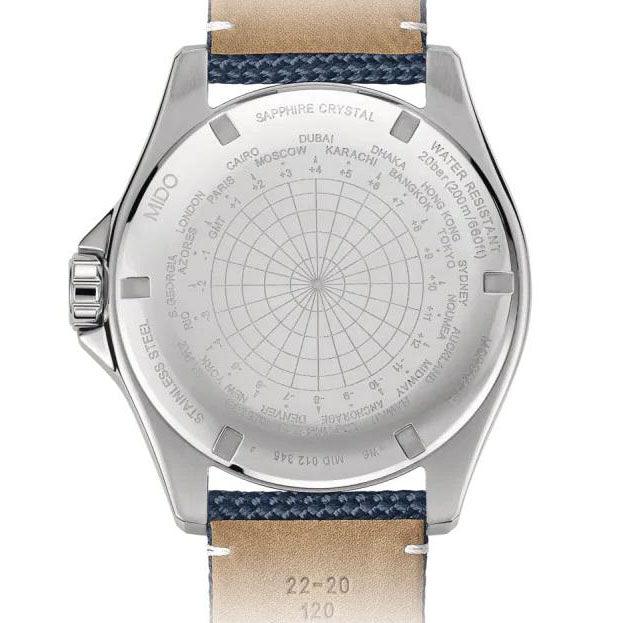 Orologio Mido Ocean Star GMT 44mm fondello con incisioni e cinturino blu