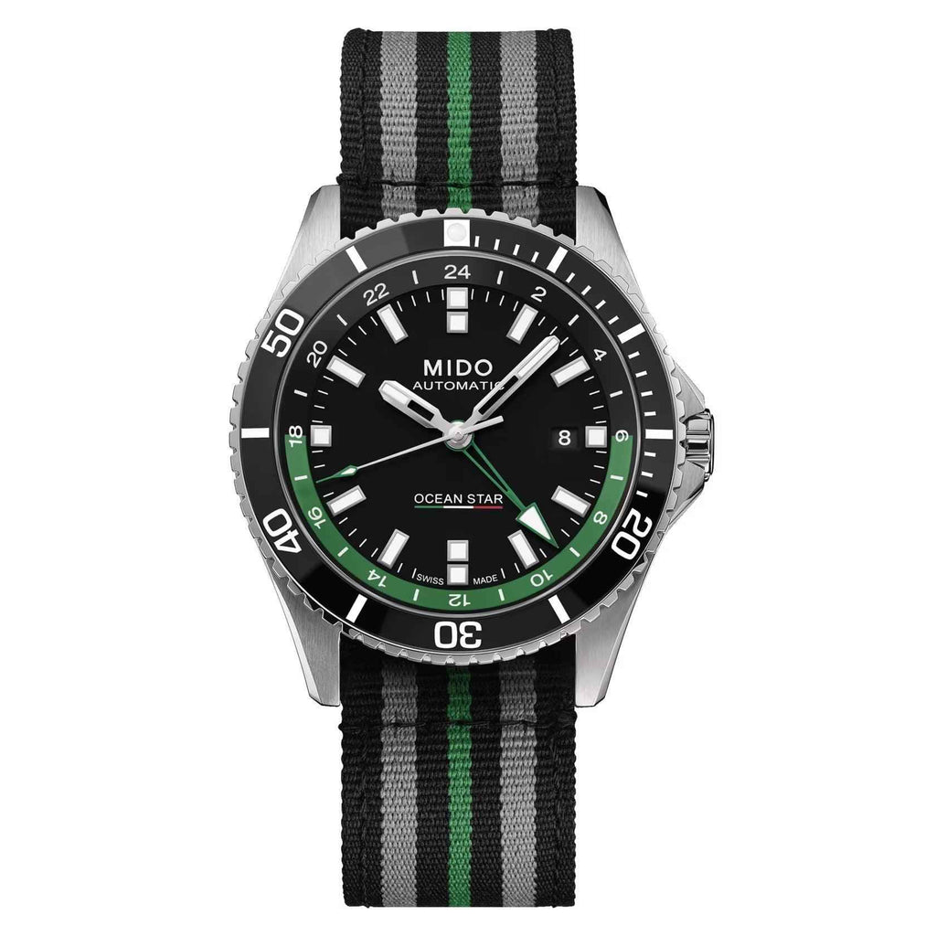 Orologio Mido Ocean Star GMT 44mm, quadrante nero con cinturino tessuto a righe