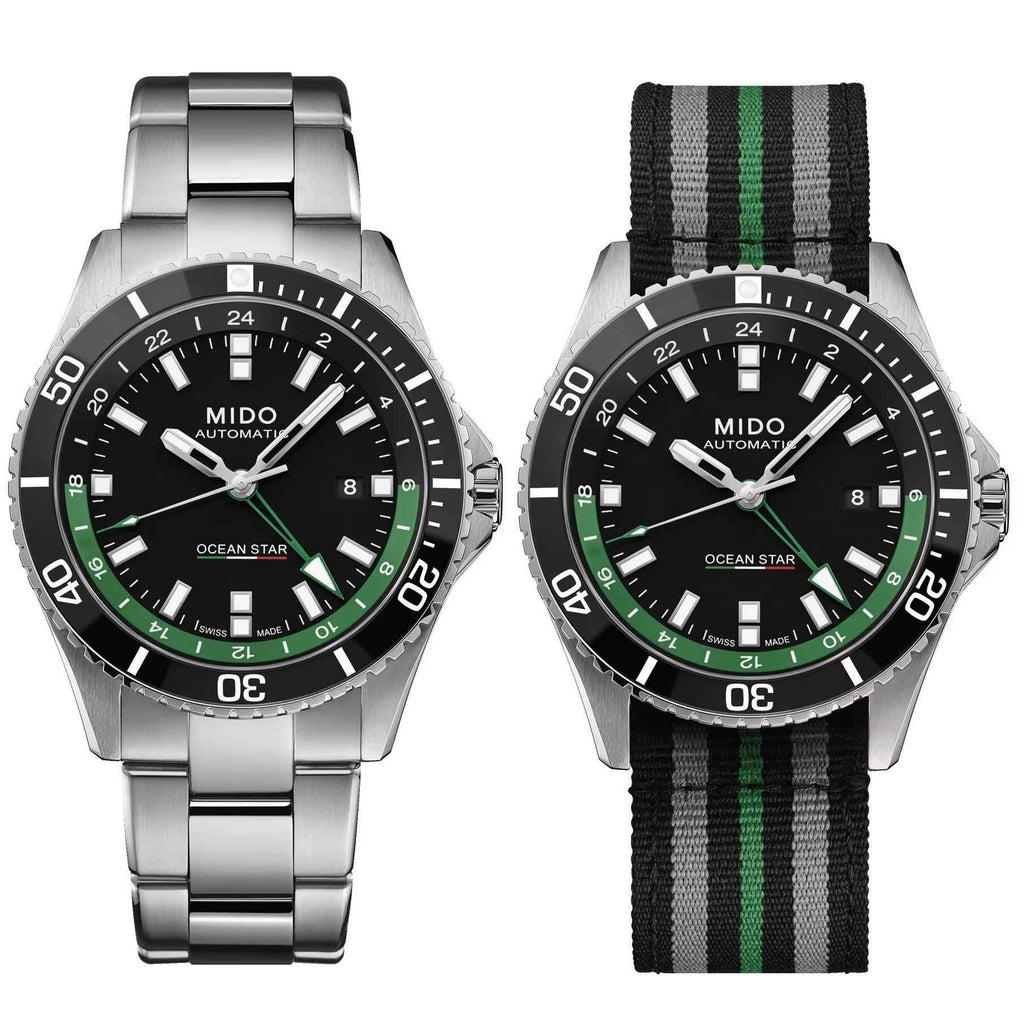 Orologio Mido Ocean Star GMT 44mm: viste con bracciale d’acciaio e cinturino tessuto